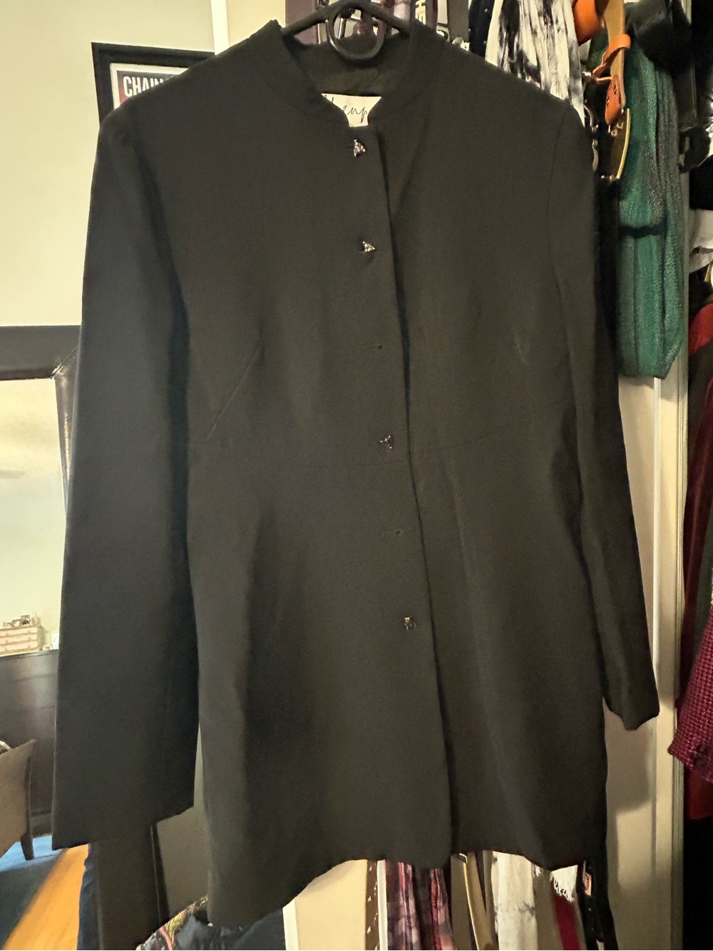 Moschino “Cheap and Chic” long black jacket.  Bees buttons GUC Made in Italy